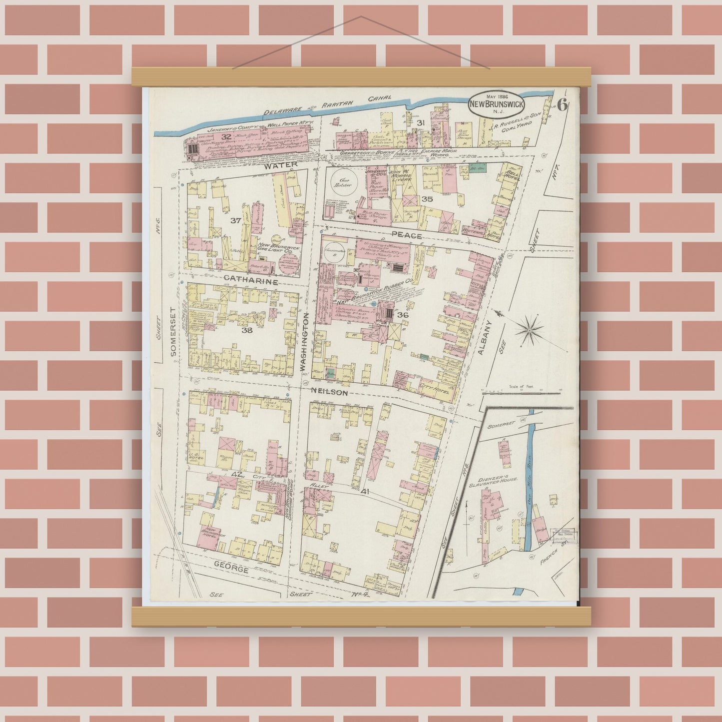 Old map wall art mockup — magnetic wood frame on brick wall — Sanborn Fire Insurance Map from New Brunswick, Middlesex County, New Jersey (1886), Sheet #0006