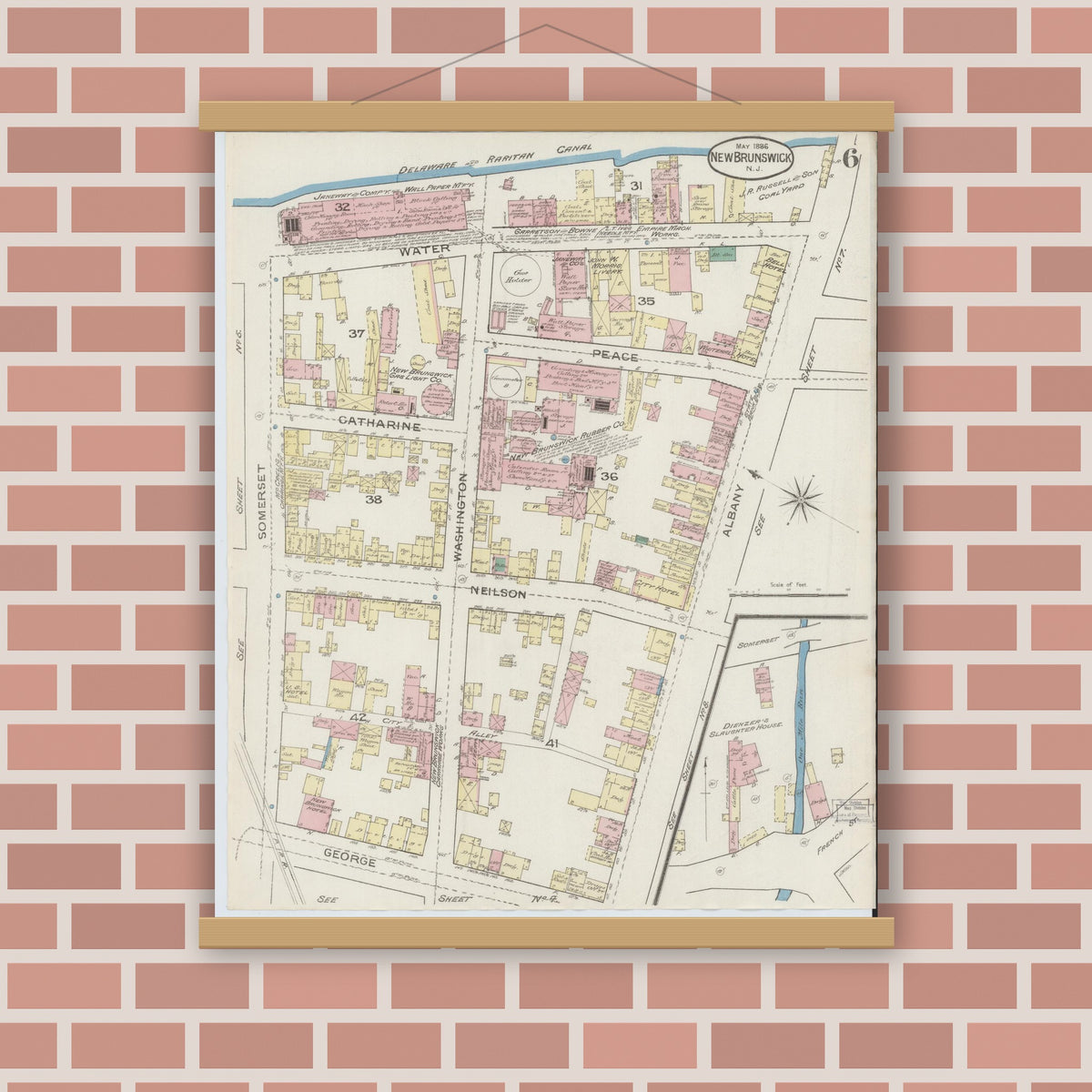 Old map wall art mockup — magnetic wood frame on brick wall — Sanborn Fire Insurance Map from New Brunswick, Middlesex County, New Jersey (1886), Sheet #0006