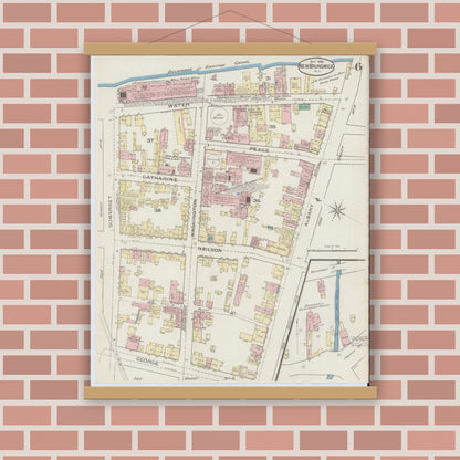 Old map wall art mockup — magnetic wood frame on brick wall — Sanborn Fire Insurance Map from New Brunswick, Middlesex County, New Jersey (1886), Sheet #0006