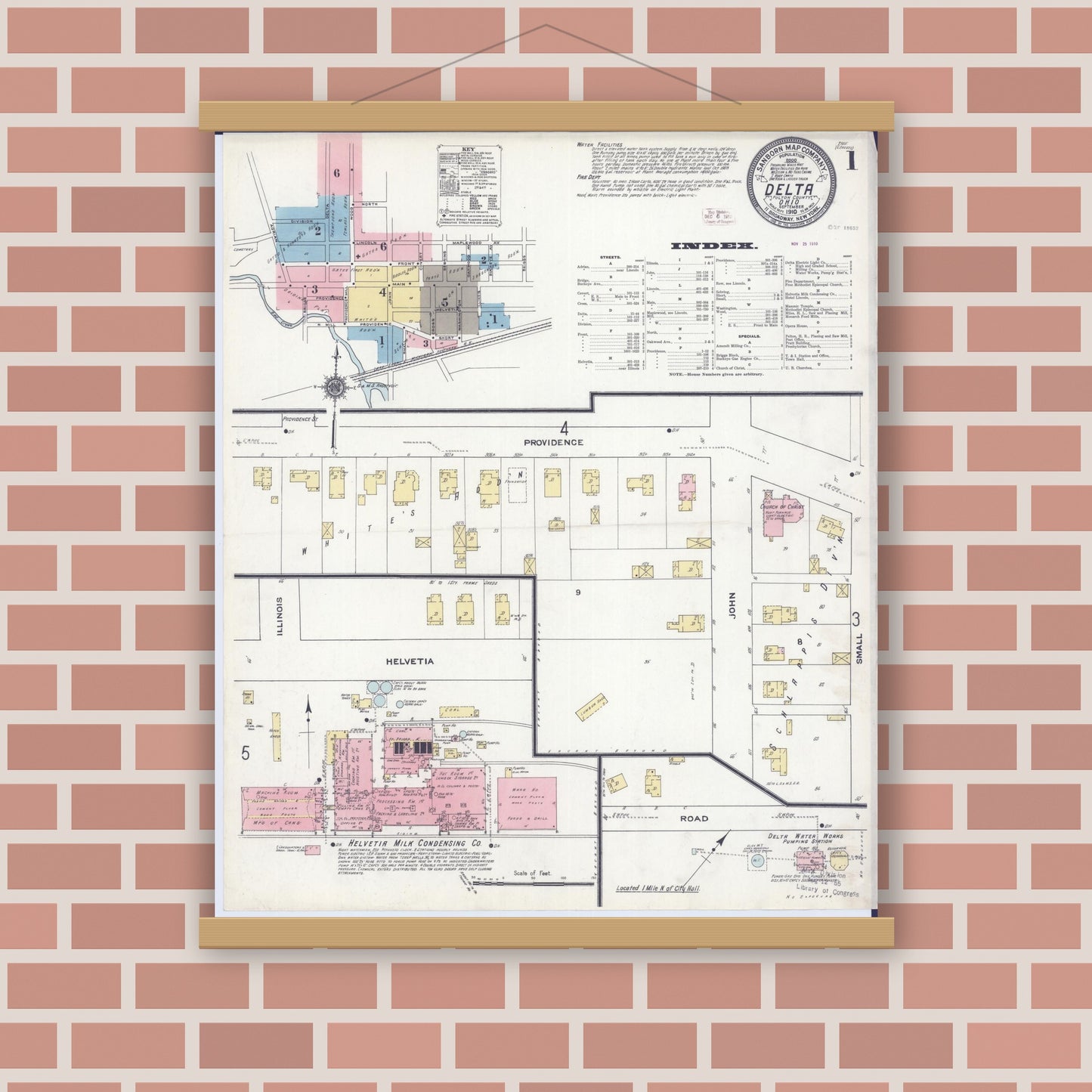 Old map wall art mockup — magnetic wood frame on brick wall — Sanborn Fire Insurance Map from Delta, Fulton County, Ohio (1910) - Complete Map Set