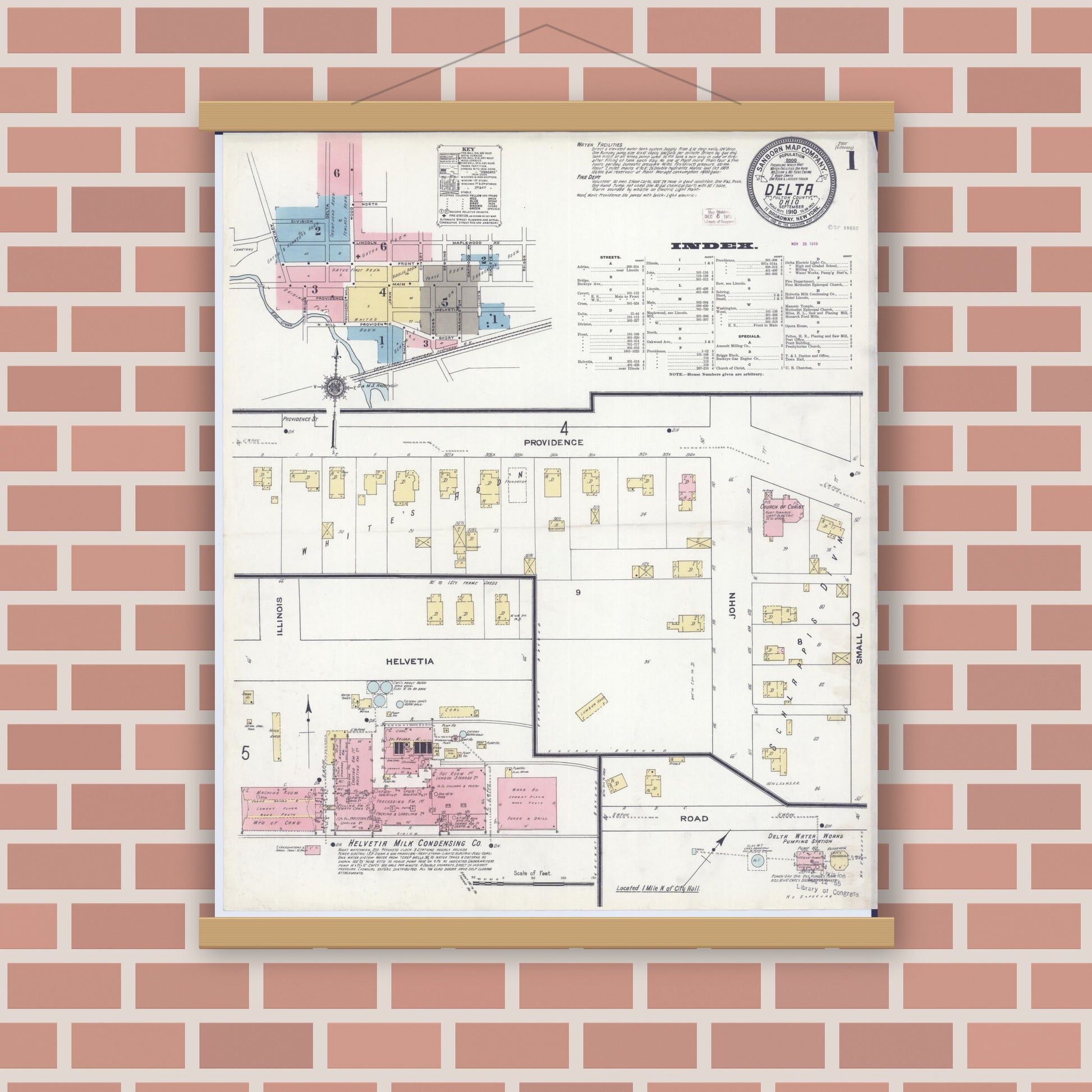 Old map wall art mockup — magnetic wood frame on brick wall — Sanborn Fire Insurance Map from Delta, Fulton County, Ohio (1910) - Complete Map Set