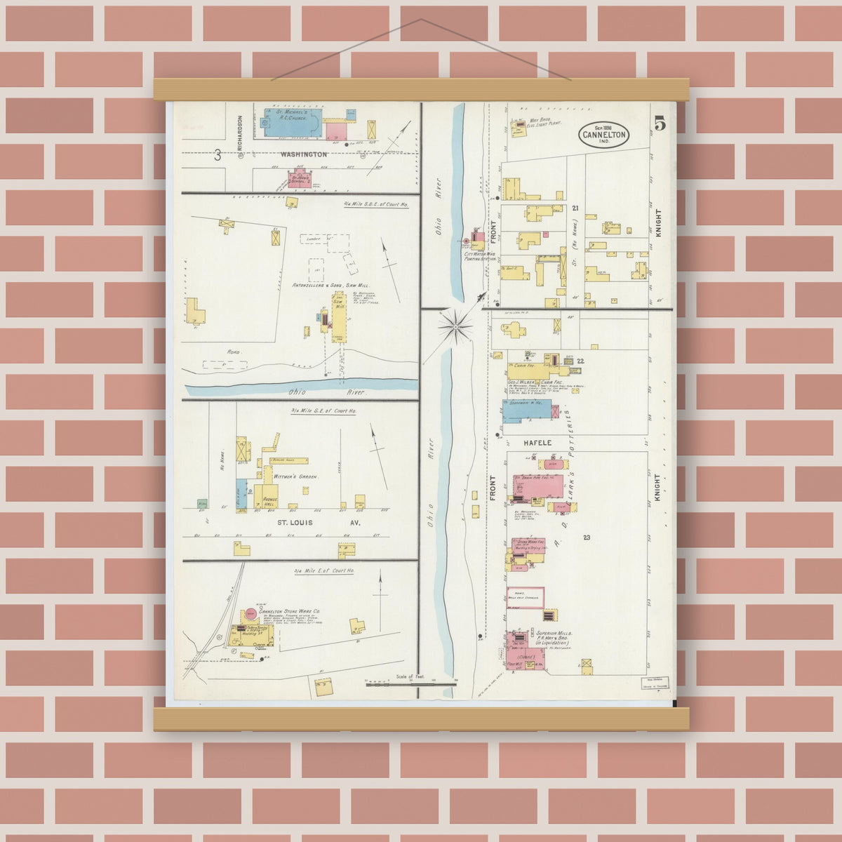 Old map wall art mockup — magnetic wood frame on brick wall — Sanborn Fire Insurance Map from Cannelton, Perry County, Indiana (1898), Sheet #0005