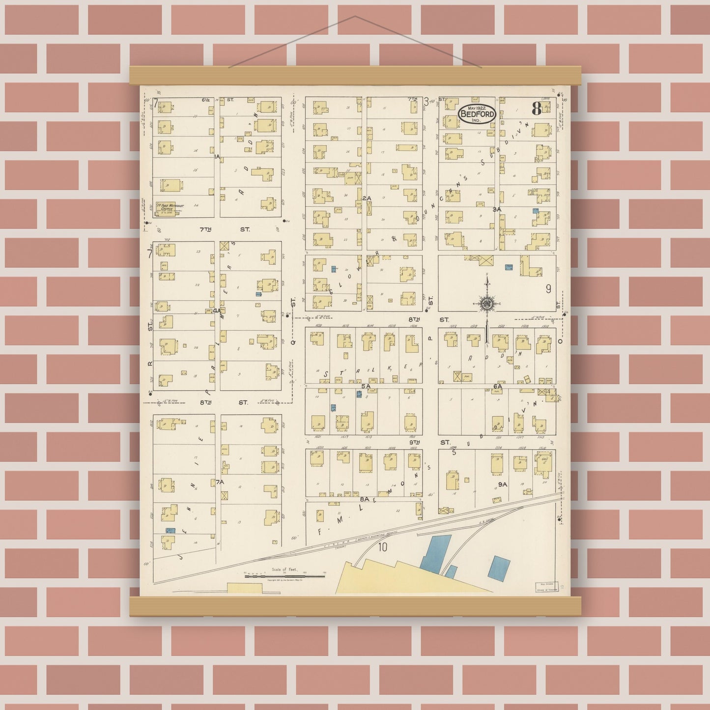 Old map wall art mockup — magnetic wood frame on brick wall — Sanborn Fire Insurance Map from Bedford, Lawrence County, Indiana (1922), Sheet #0008