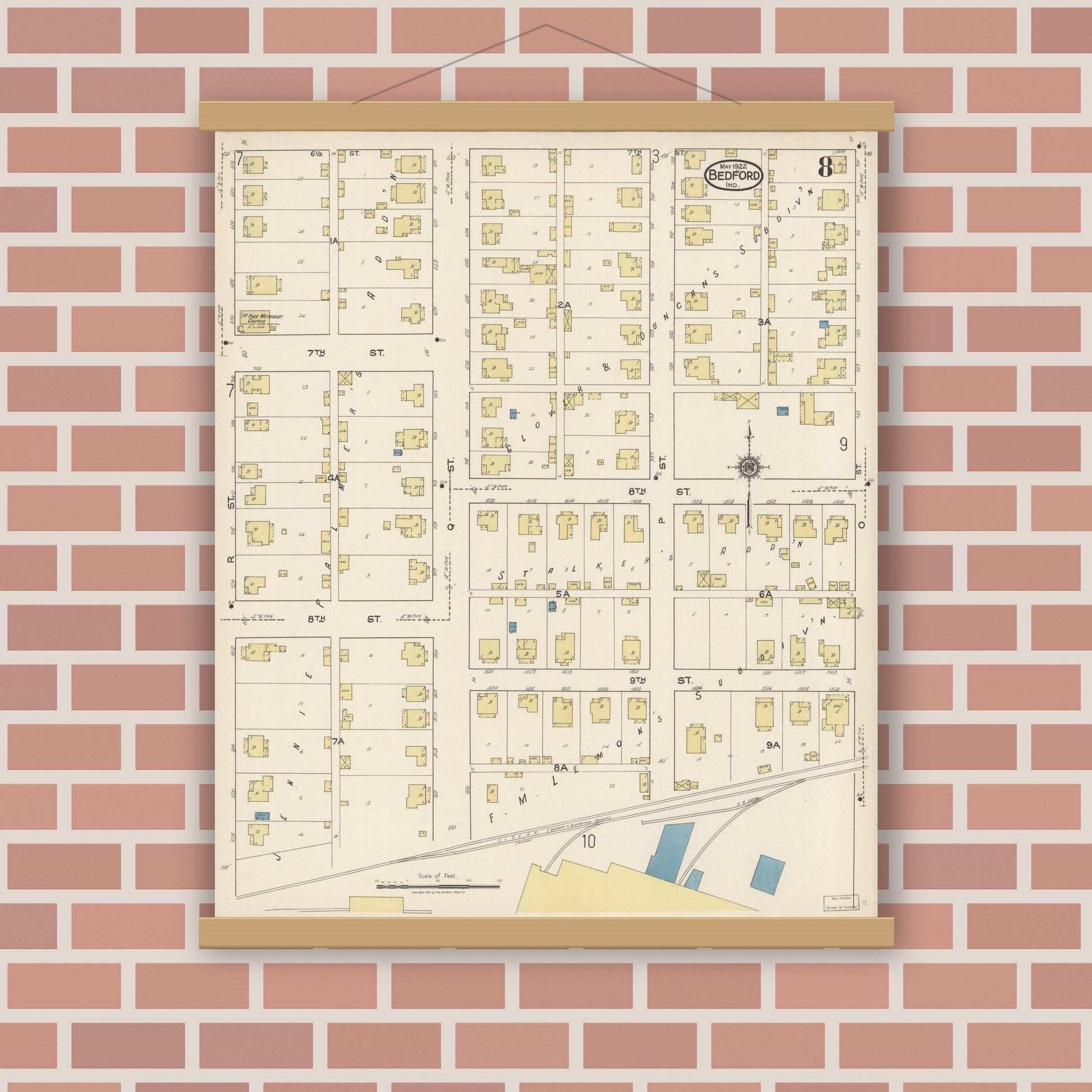 Old map wall art mockup — magnetic wood frame on brick wall — Sanborn Fire Insurance Map from Bedford, Lawrence County, Indiana (1922), Sheet #0008