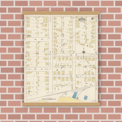 Old map wall art mockup — magnetic wood frame on brick wall — Sanborn Fire Insurance Map from Bedford, Lawrence County, Indiana (1922), Sheet #0008