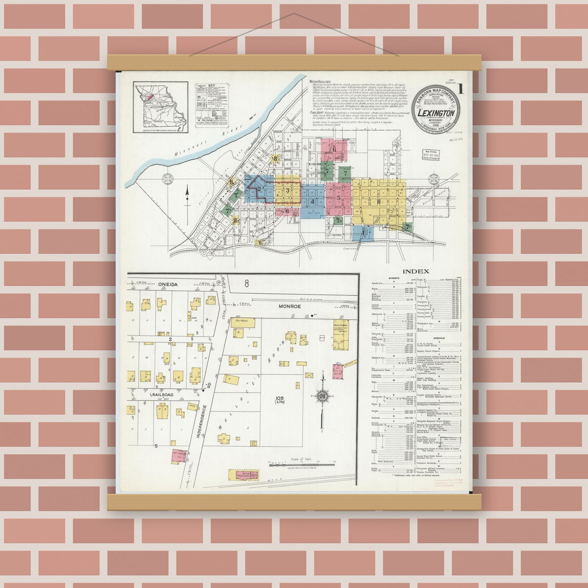 Old map wall art mockup — magnetic wood frame on brick wall — Sanborn Fire Insurance Map from Lexington, Lafayette County, Missouri (1918), Sheet #0001