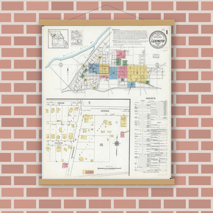 Old map wall art mockup — magnetic wood frame on brick wall — Sanborn Fire Insurance Map from Lexington, Lafayette County, Missouri (1918), Sheet #0001