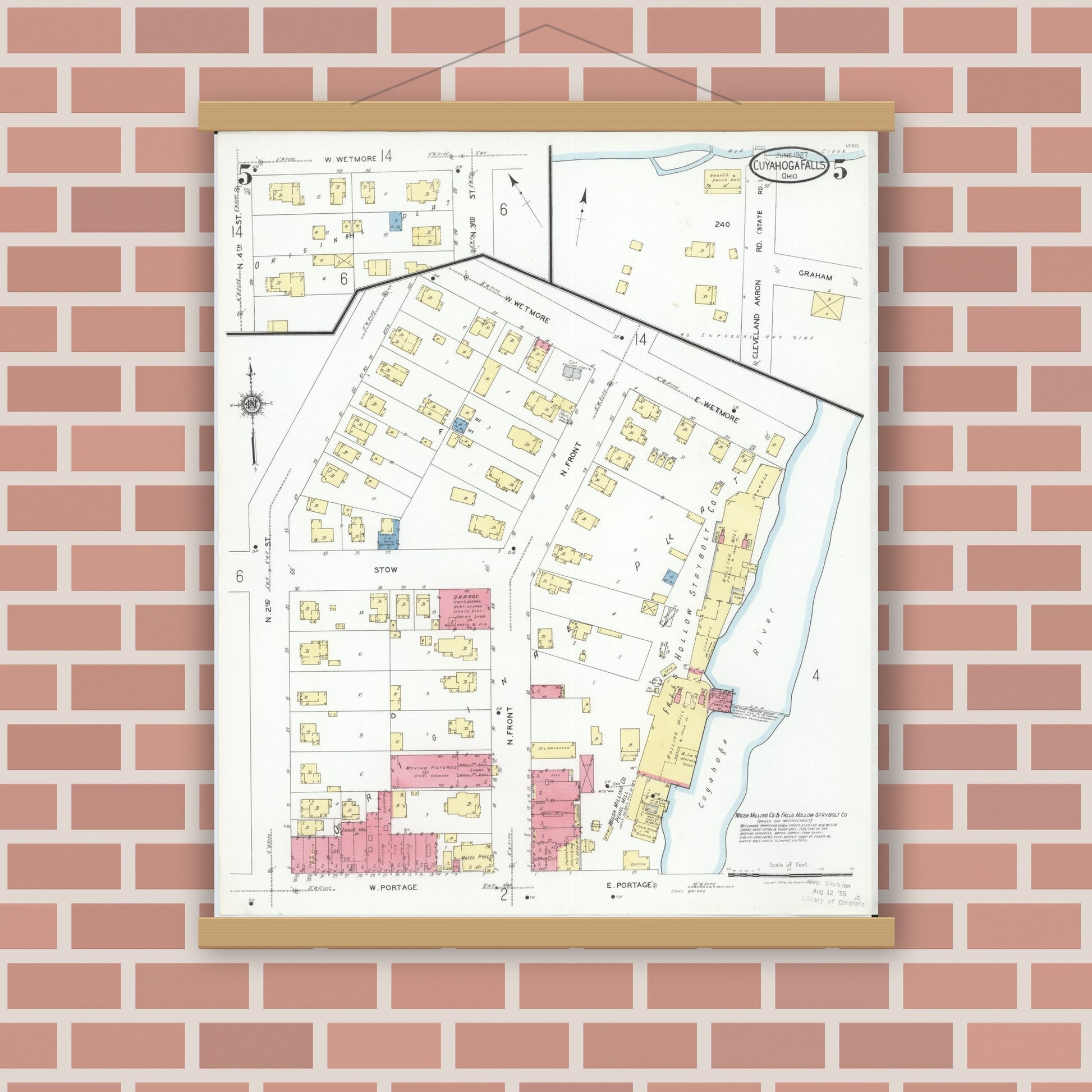 Old map wall art mockup — magnetic wood frame on brick wall — Sanborn Fire Insurance Map from Cuyahoga Falls, Summit County, Ohio (1927), Sheet #0005