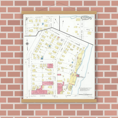 Old map wall art mockup — magnetic wood frame on brick wall — Sanborn Fire Insurance Map from Cuyahoga Falls, Summit County, Ohio (1927), Sheet #0005