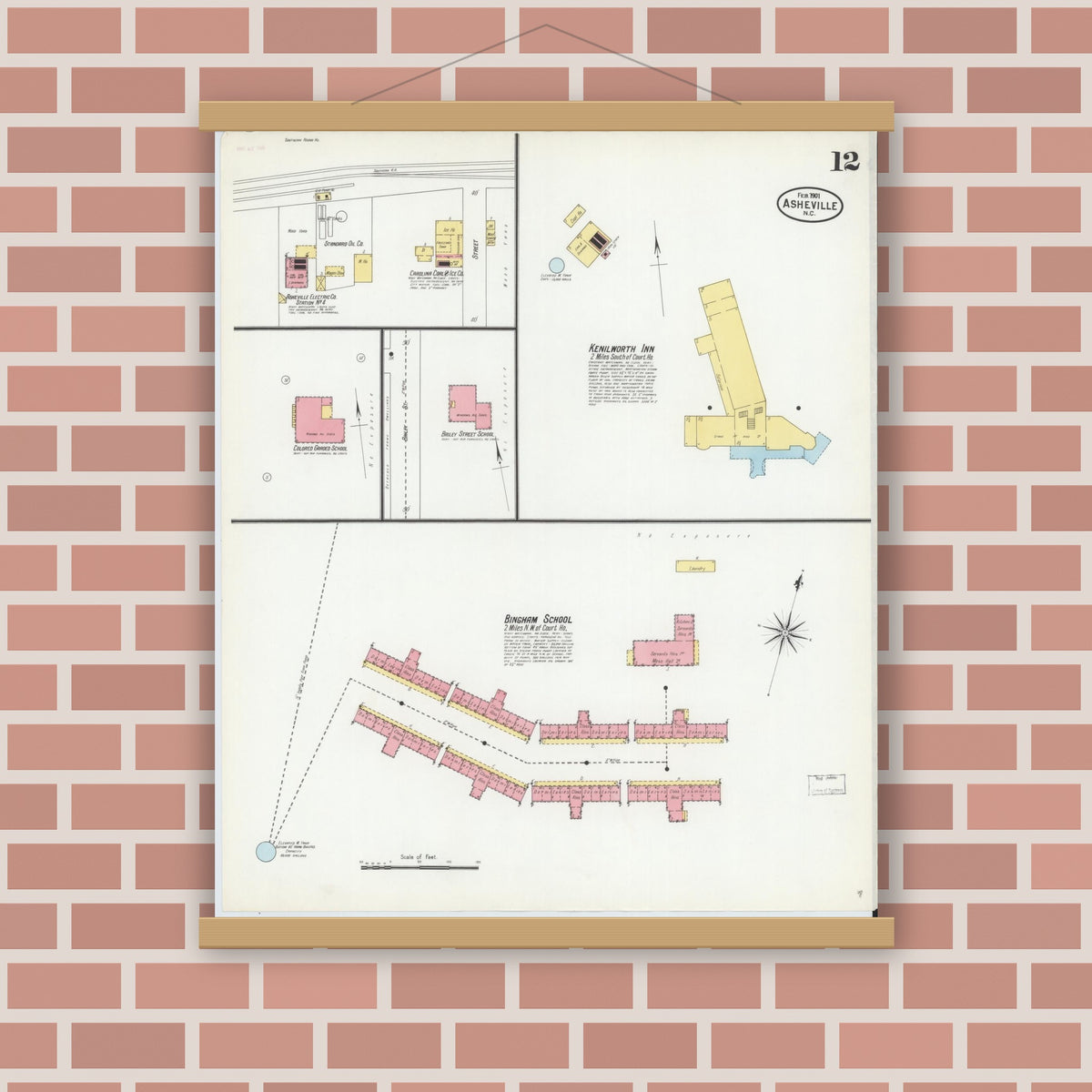 Old map wall art mockup — magnetic wood frame on brick wall — Sanborn Fire Insurance Map from Asheville, Buncombe County, North Carolina (1901), Sheet #0012