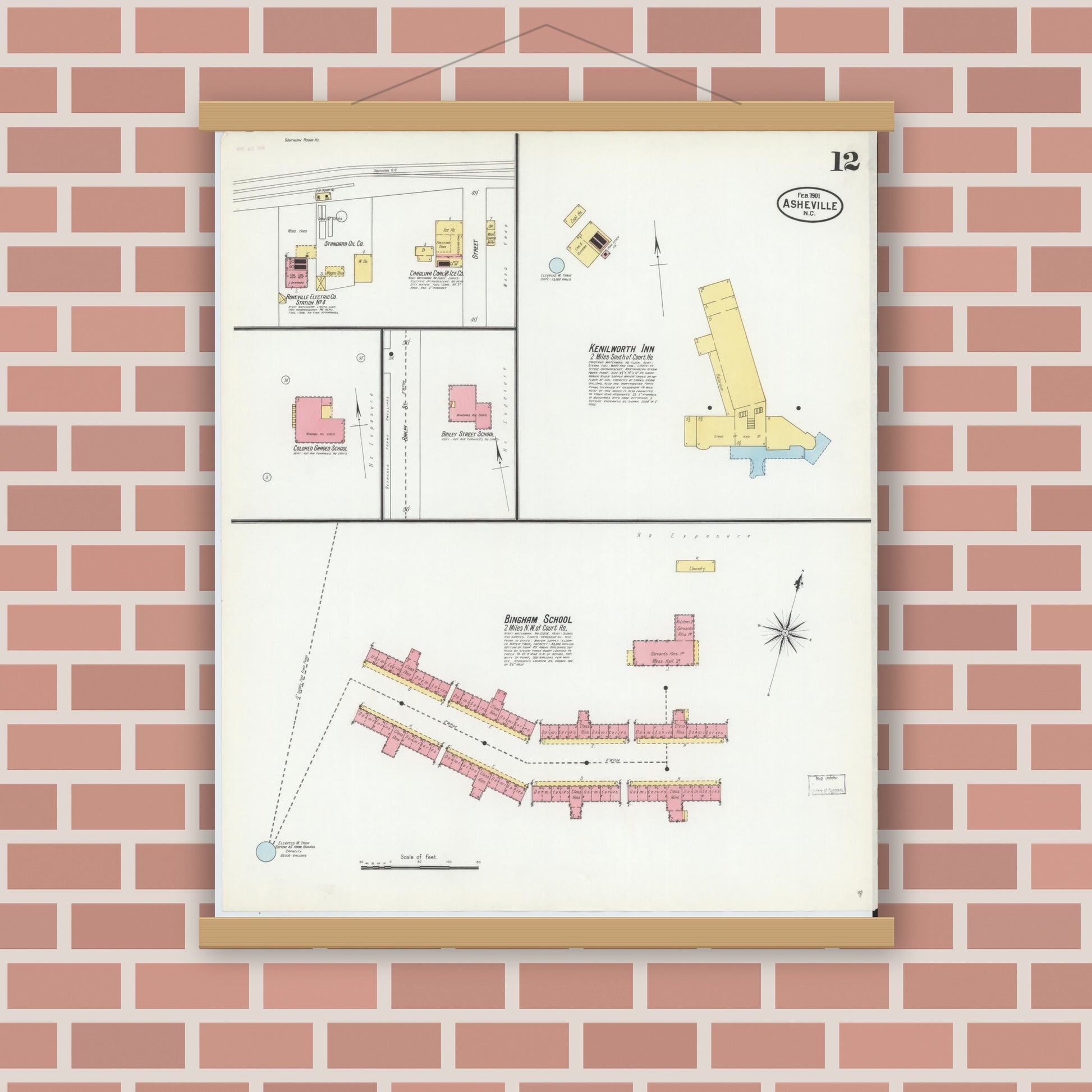 Old map wall art mockup — magnetic wood frame on brick wall — Sanborn Fire Insurance Map from Asheville, Buncombe County, North Carolina (1901), Sheet #0012