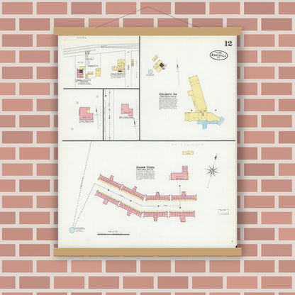 Old map wall art mockup — magnetic wood frame on brick wall — Sanborn Fire Insurance Map from Asheville, Buncombe County, North Carolina (1901), Sheet #0012