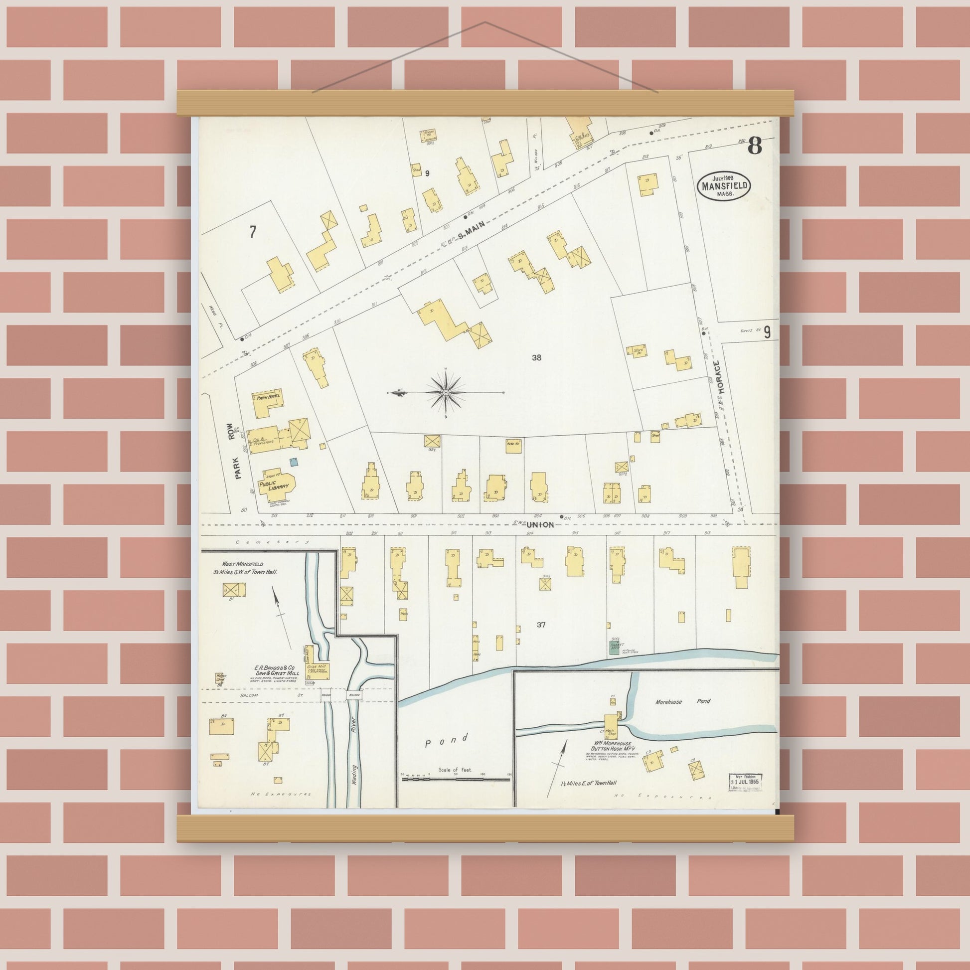 Old map wall art mockup — magnetic wood frame on brick wall — Sanborn Fire Insurance Map from Mansfield, Bristol County, Massachusetts (1903), Sheet #0008