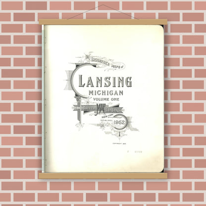 Old map wall art mockup — magnetic wood frame on brick wall — Sanborn Fire Insurance Map from Lansing, Ingham County, Michigan (1953), Sheet #0001