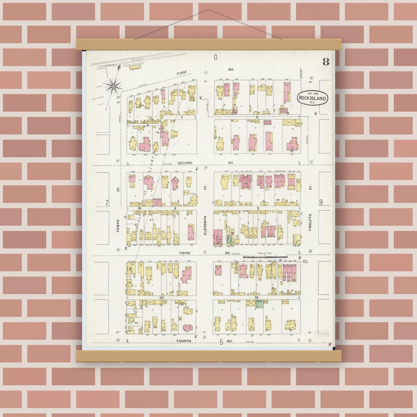 Old map wall art mockup — magnetic wood frame on brick wall — Sanborn Fire Insurance Map from Rock Island, Rock Island County, Illinois (1898), Sheet #0008