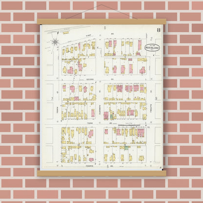 Old map wall art mockup — magnetic wood frame on brick wall — Sanborn Fire Insurance Map from Rock Island, Rock Island County, Illinois (1898), Sheet #0008