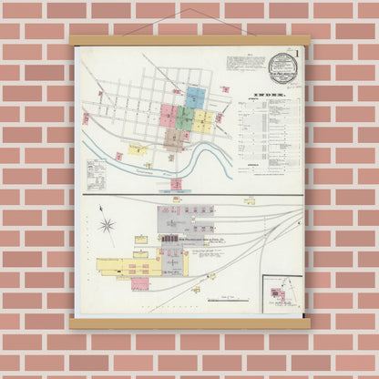 Old map wall art mockup — magnetic wood frame on brick wall — Sanborn Fire Insurance Map from New Philadelphia, Tuscarawas County, Ohio (1896), Sheet #0001