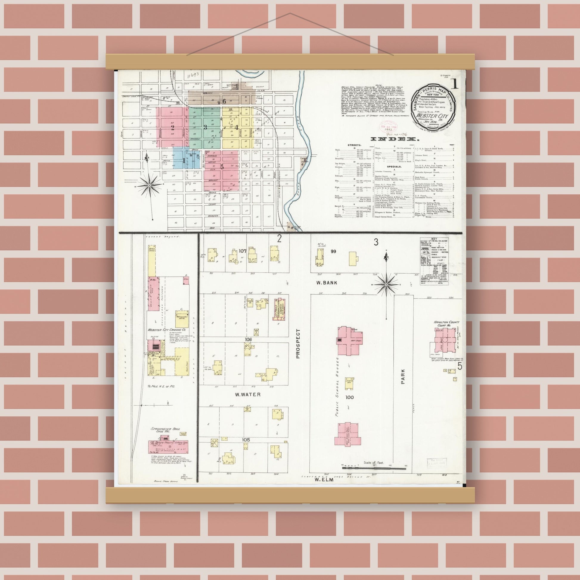 Old map wall art mockup — magnetic wood frame on brick wall — Sanborn Fire Insurance Map from Webster City, Hamilton County, Iowa (1896), Sheet #0001