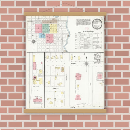 Old map wall art mockup — magnetic wood frame on brick wall — Sanborn Fire Insurance Map from Webster City, Hamilton County, Iowa (1896), Sheet #0001