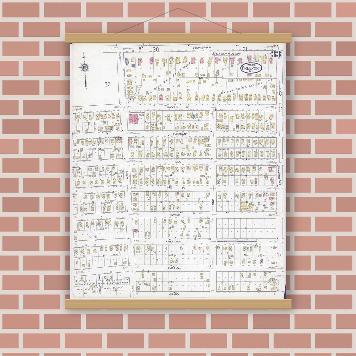 Old map wall art mockup — magnetic wood frame on brick wall — Sanborn Fire Insurance Map from Freeport, Stephenson County, Illinois (1918), Sheet #0033