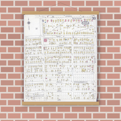 Old map wall art mockup — magnetic wood frame on brick wall — Sanborn Fire Insurance Map from Freeport, Stephenson County, Illinois (1918), Sheet #0033