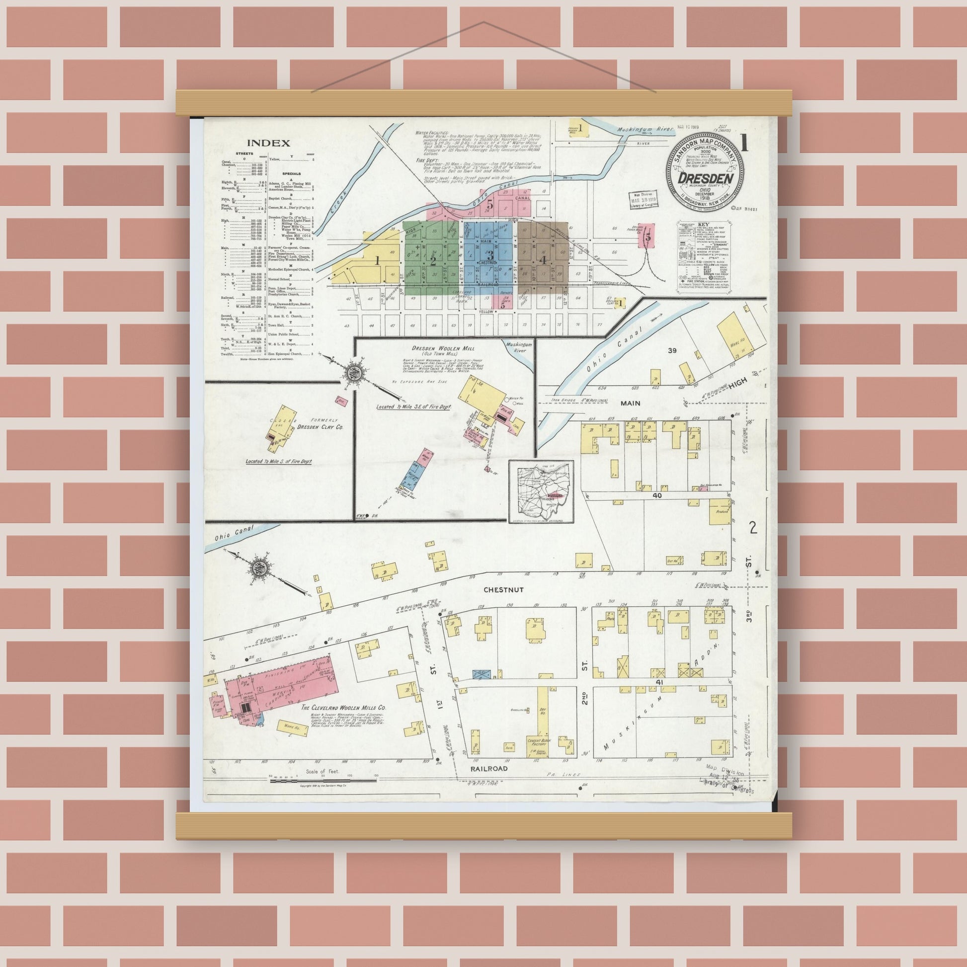 Old map wall art mockup — magnetic wood frame on brick wall — Sanborn Fire Insurance Map from Dresden, Muskingum County, Ohio (1918), Sheet #0001