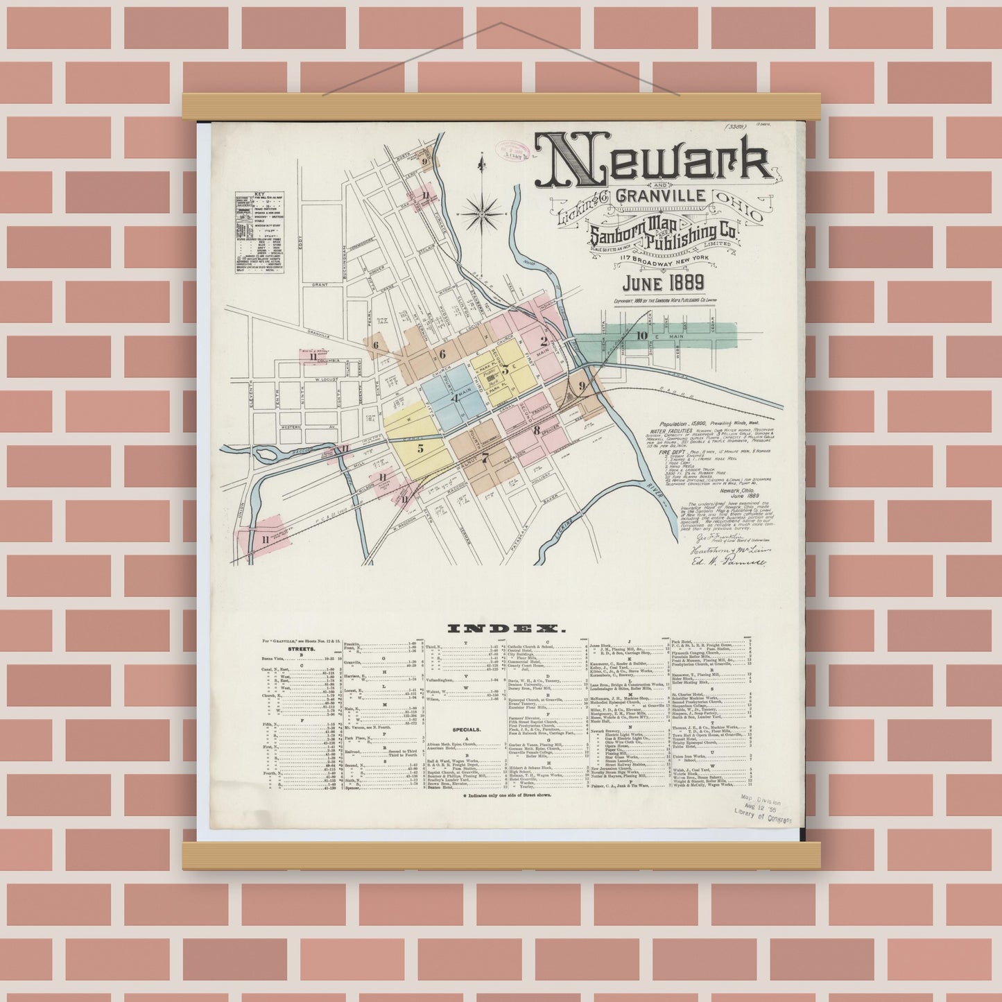 Old map wall art mockup — magnetic wood frame on brick wall — Sanborn Fire Insurance Map from Newark, Licking County, Ohio (1889), Sheet #0001