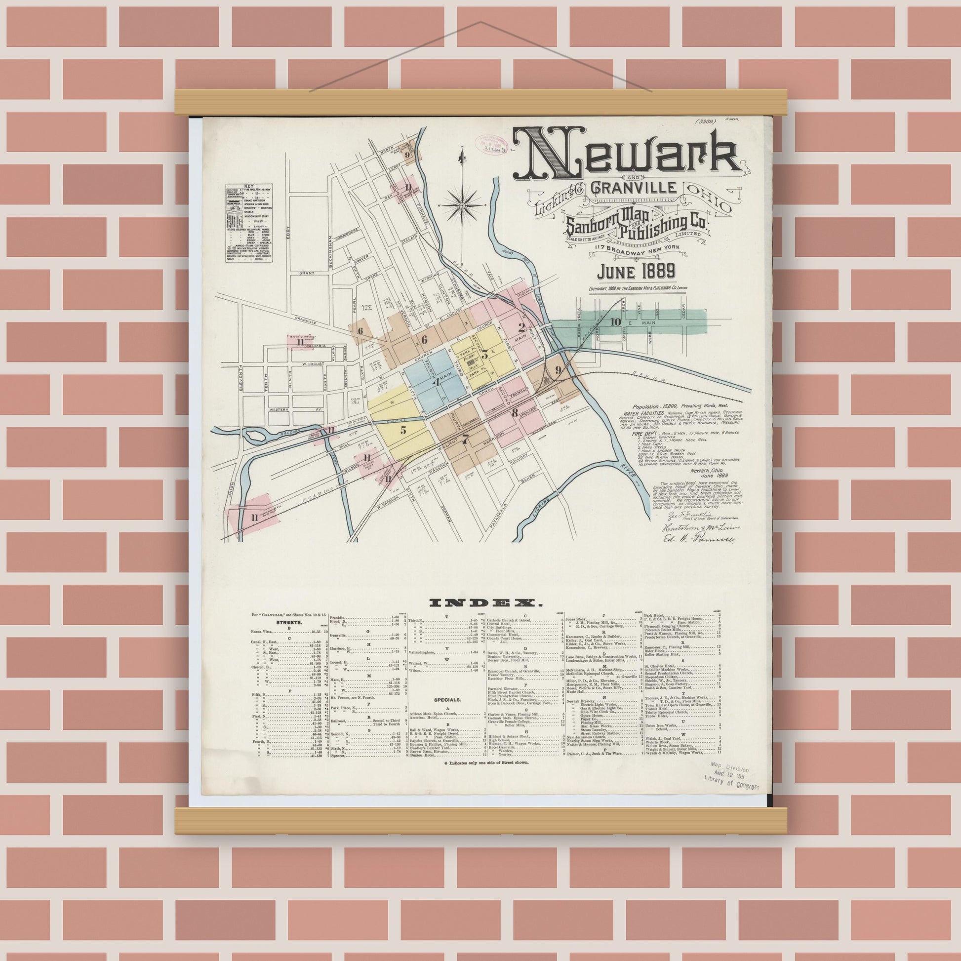 Old map wall art mockup — magnetic wood frame on brick wall — Sanborn Fire Insurance Map from Newark, Licking County, Ohio (1889), Sheet #0001