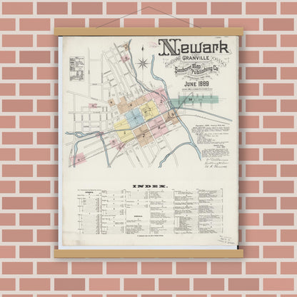 Old map wall art mockup — magnetic wood frame on brick wall — Sanborn Fire Insurance Map from Newark, Licking County, Ohio (1889), Sheet #0001