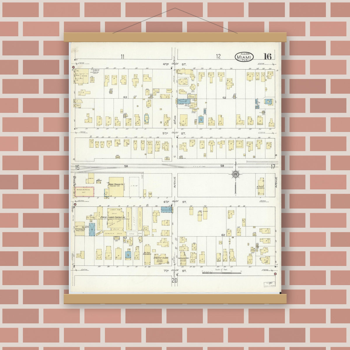 Old map wall art mockup — magnetic wood frame on brick wall — Sanborn Fire Insurance Map from Miami, Dade County, Florida (1914), Sheet #0016