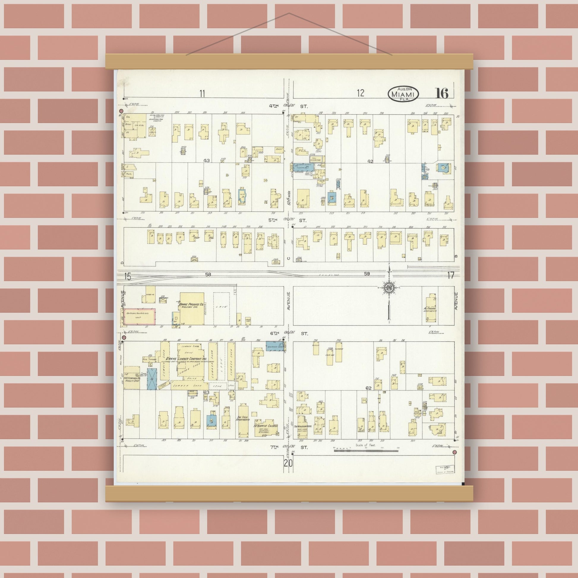 Old map wall art mockup — magnetic wood frame on brick wall — Sanborn Fire Insurance Map from Miami, Dade County, Florida (1914), Sheet #0016