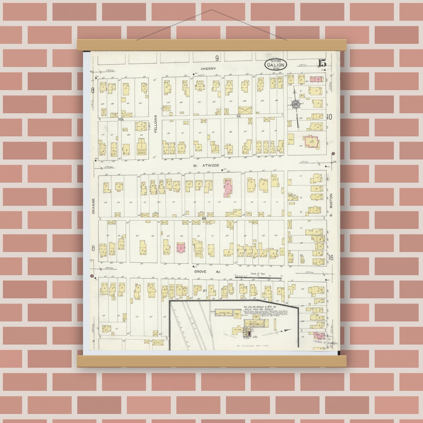 Old map wall art mockup — magnetic wood frame on brick wall — Sanborn Fire Insurance Map from Galion, Crawford County, Ohio (1913), Sheet #0015