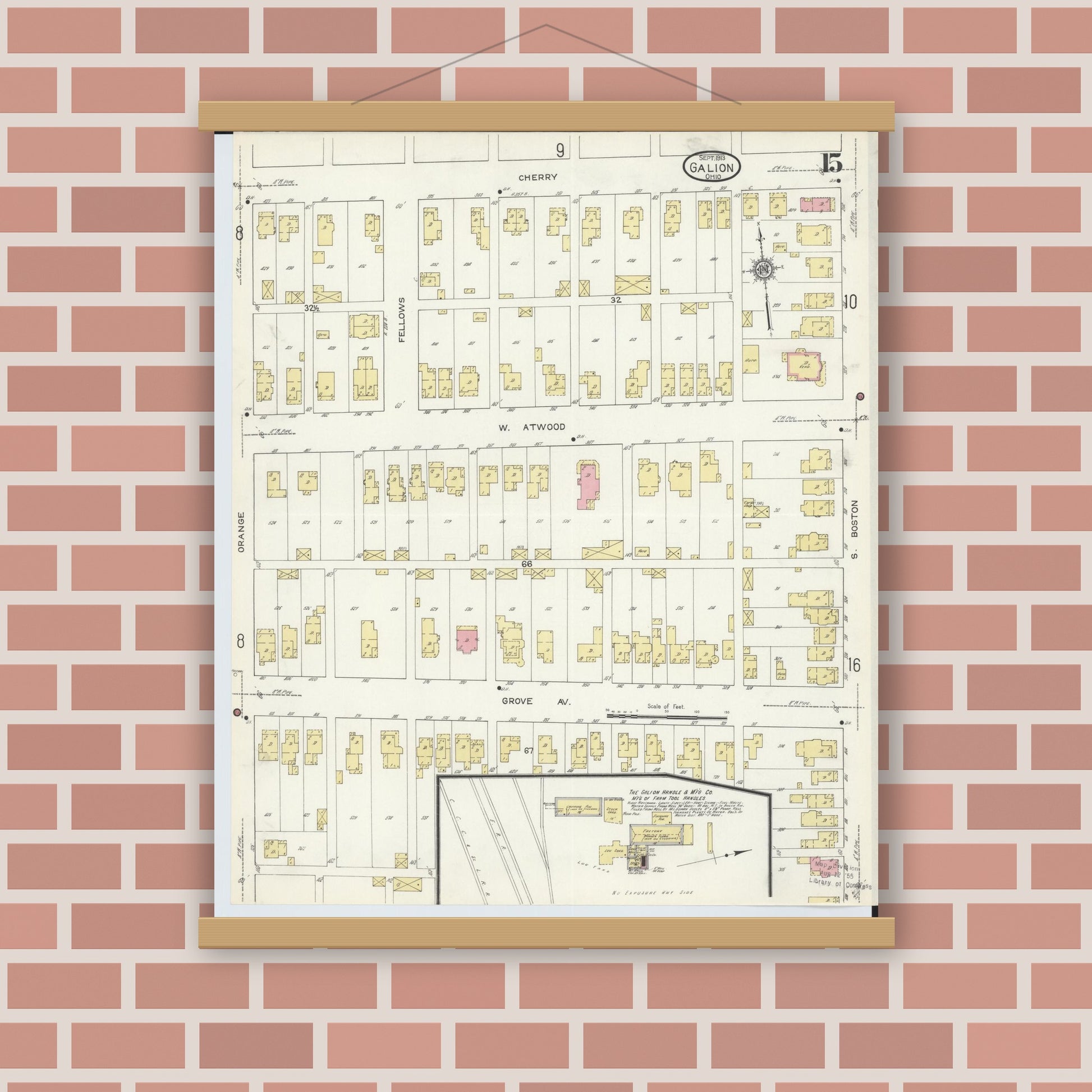 Old map wall art mockup — magnetic wood frame on brick wall — Sanborn Fire Insurance Map from Galion, Crawford County, Ohio (1913), Sheet #0015