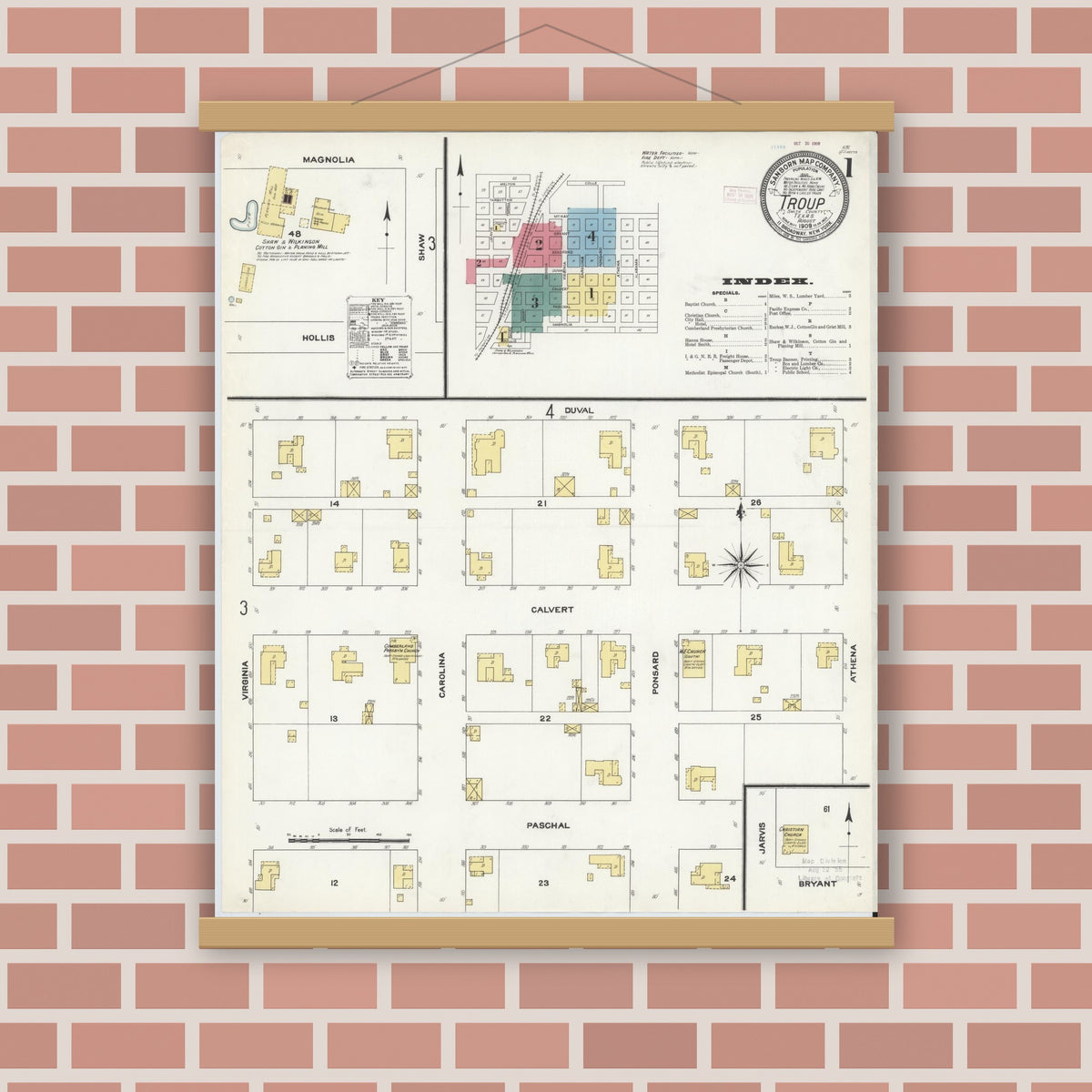Old map wall art mockup — magnetic wood frame on brick wall — Sanborn Fire Insurance Map from Troup, Smith County, Texas (1909) - Complete Map Set