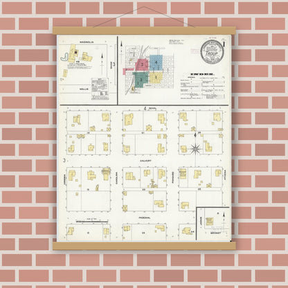 Old map wall art mockup — magnetic wood frame on brick wall — Sanborn Fire Insurance Map from Troup, Smith County, Texas (1909) - Complete Map Set