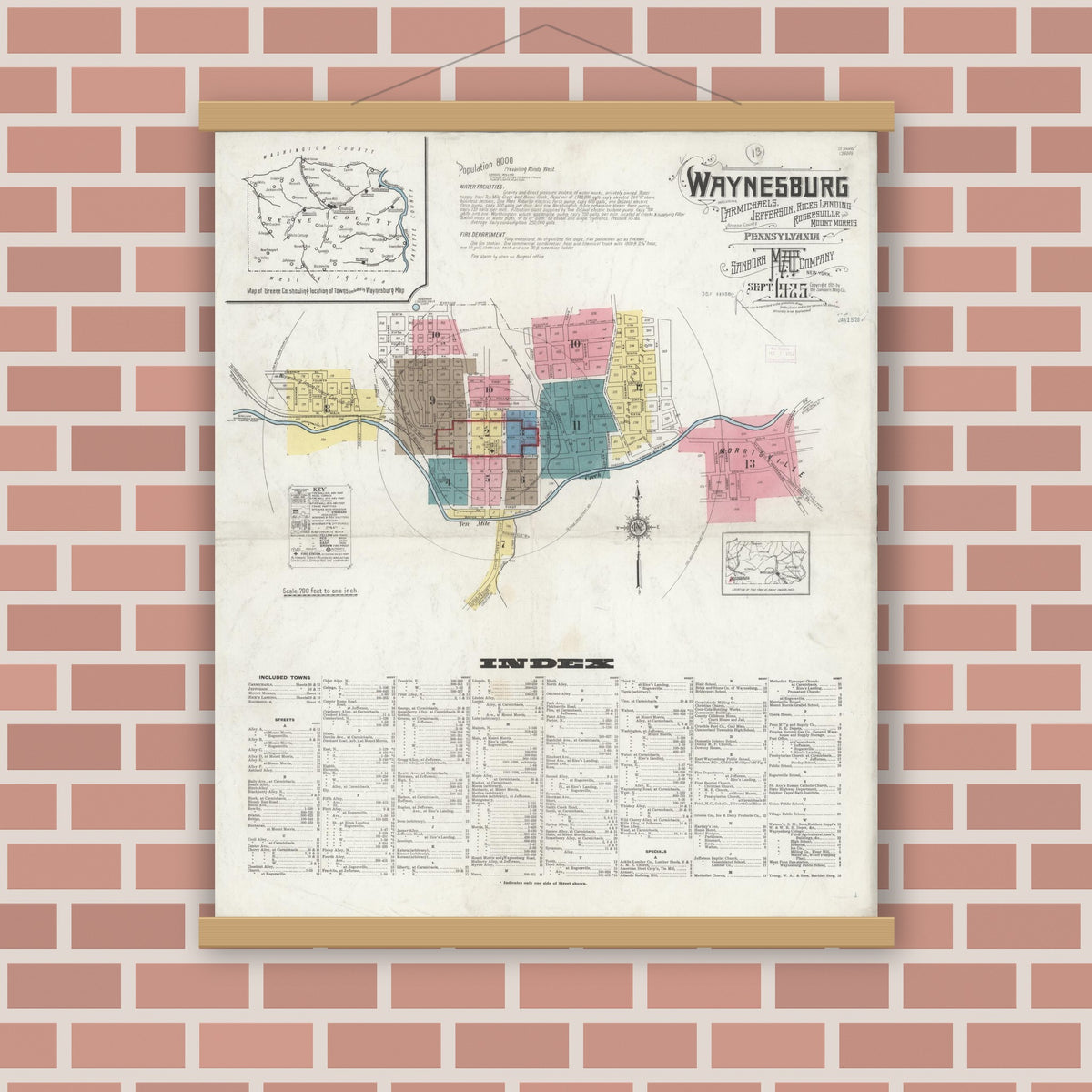 Old map wall art mockup — magnetic wood frame on brick wall — Sanborn Fire Insurance Map from Waynesburg, Greene County, Pennsylvania (1925) - Complete Map Set