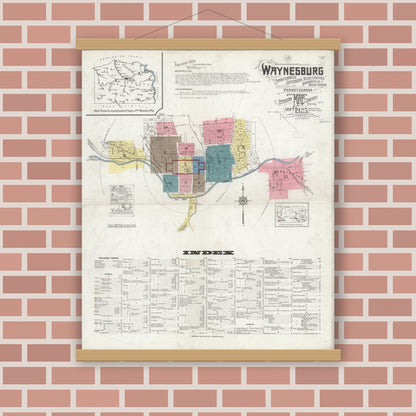 Old map wall art mockup — magnetic wood frame on brick wall — Sanborn Fire Insurance Map from Waynesburg, Greene County, Pennsylvania (1925) - Complete Map Set