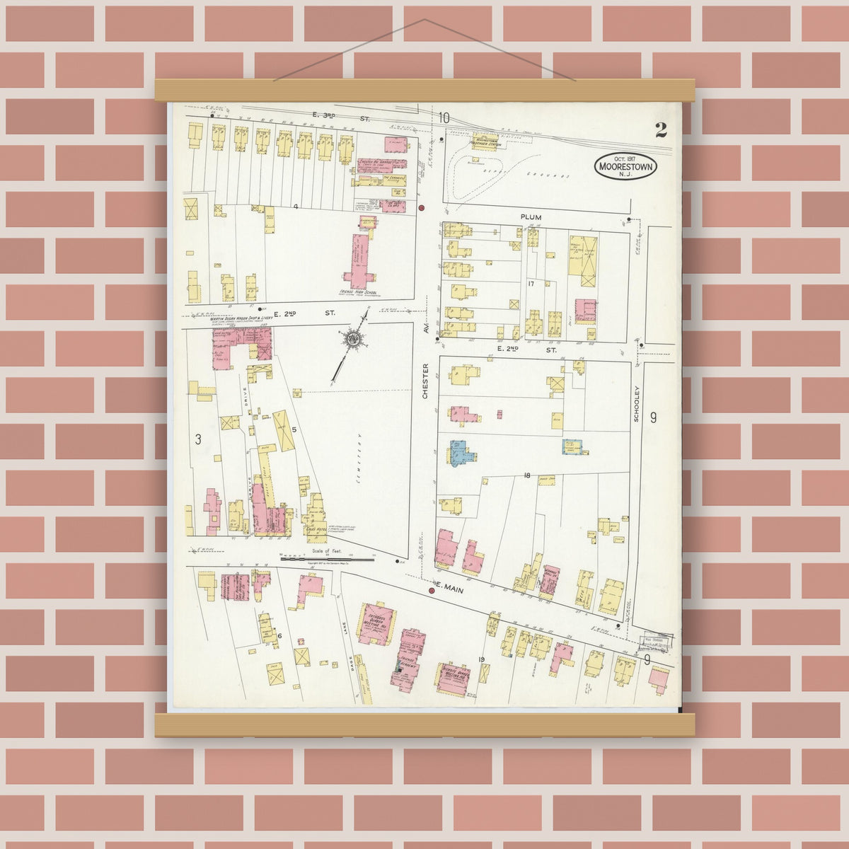 Old map wall art mockup — magnetic wood frame on brick wall — Sanborn Fire Insurance Map from Moorestown, Burlington County, New Jersey (1917) - Complete Map Set