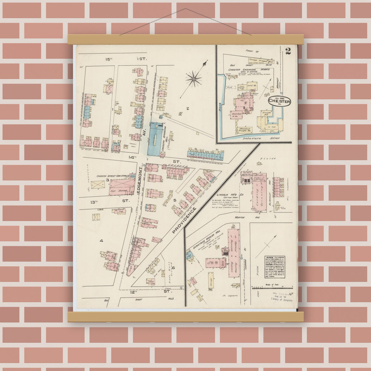 Old map wall art mockup — magnetic wood frame on brick wall — Sanborn Fire Insurance Map from Chester, Delaware County, Pennsylvania (1885), Sheet #0002