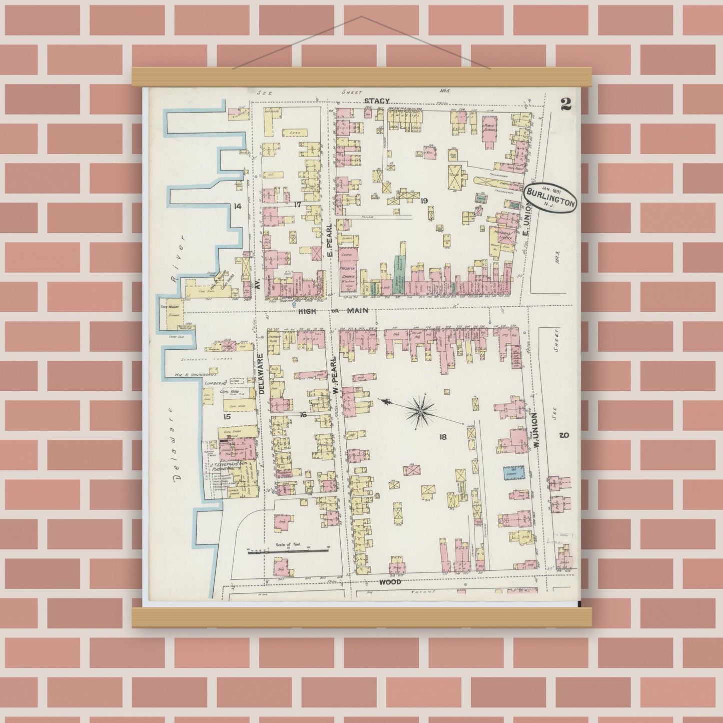 Old map wall art mockup — magnetic wood frame on brick wall — Sanborn Fire Insurance Map from Burlington, Burlington County, New Jersey (1891) - Complete Map Set