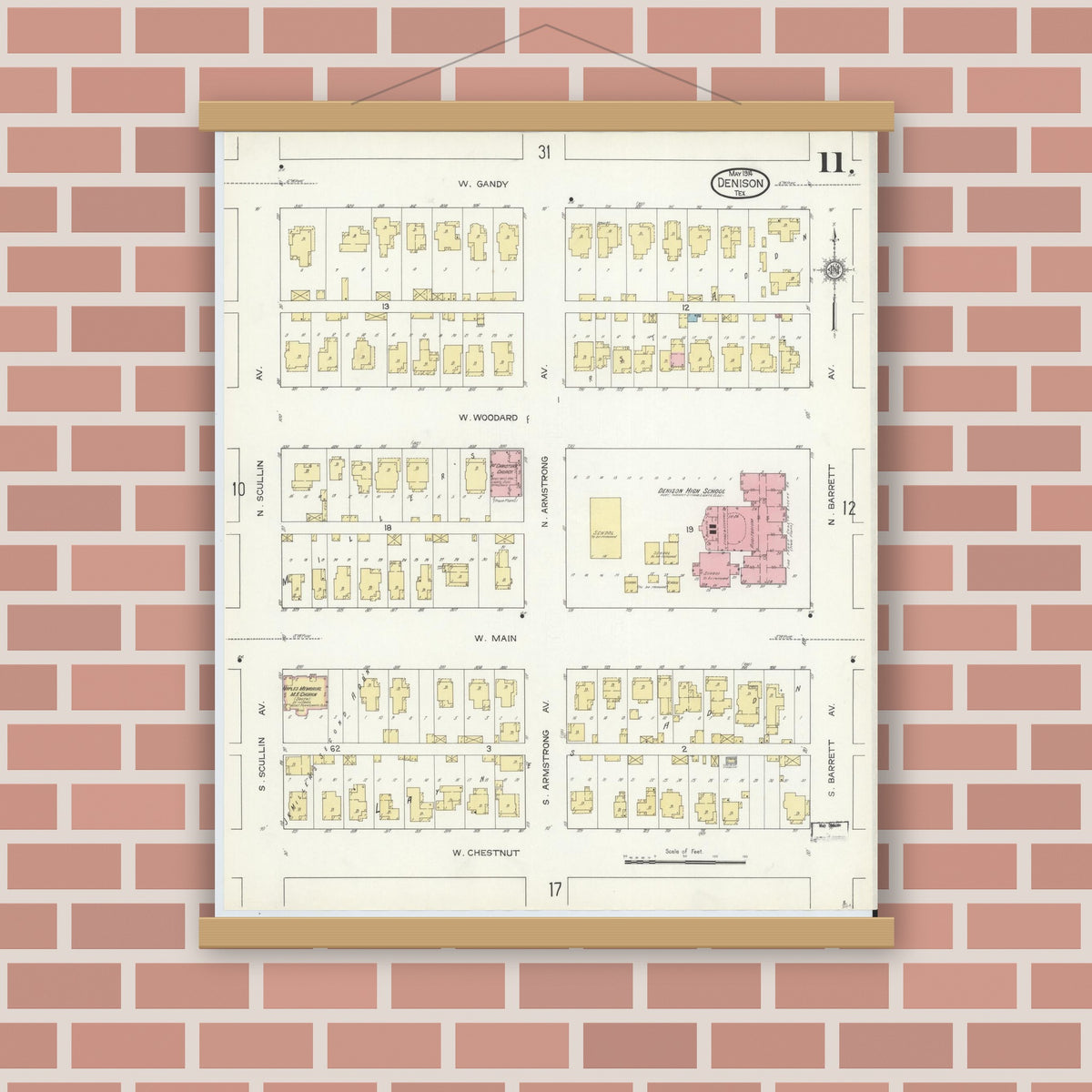 Old map wall art mockup — magnetic wood frame on brick wall — Sanborn Fire Insurance Map from Denison, Grayson County, Texas (1914), Sheet #0011