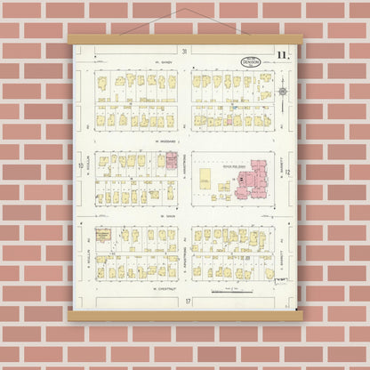 Old map wall art mockup — magnetic wood frame on brick wall — Sanborn Fire Insurance Map from Denison, Grayson County, Texas (1914), Sheet #0011