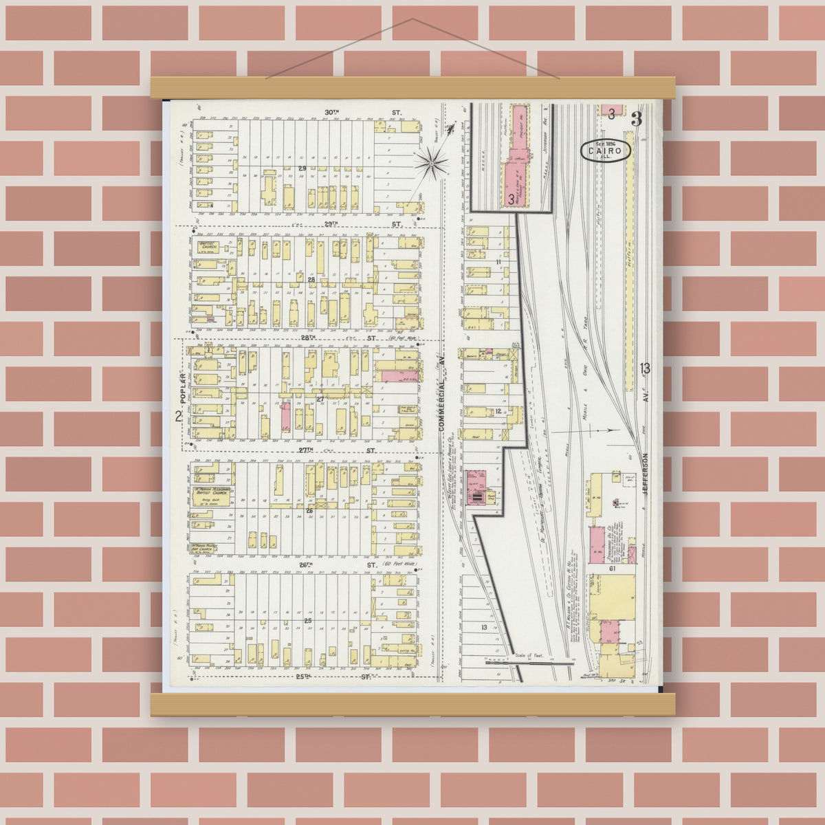 Old map wall art mockup — magnetic wood frame on brick wall — Sanborn Fire Insurance Map from Cairo, Alexander County, Illinois (1896), Sheet #0003