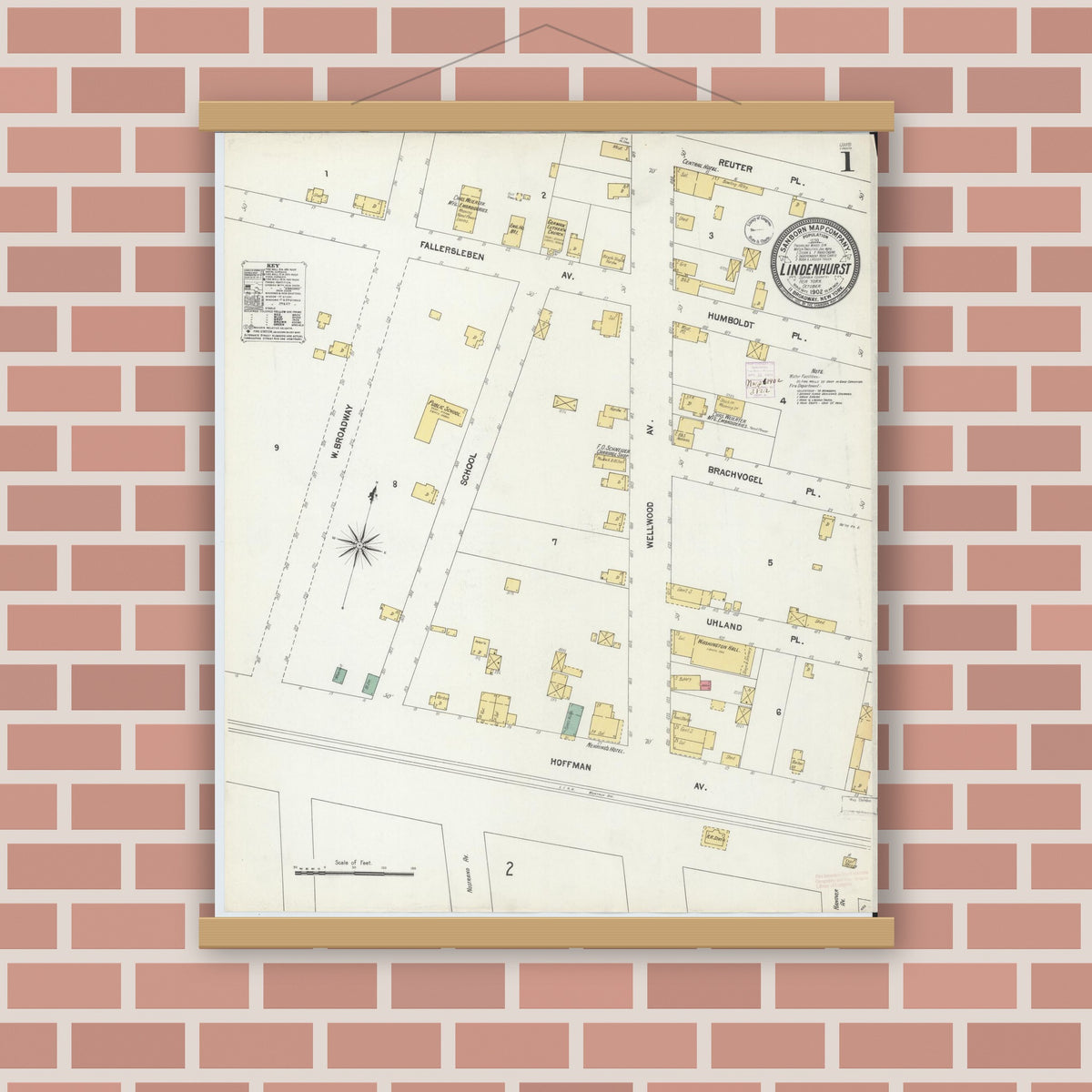 Old map wall art mockup — magnetic wood frame on brick wall — Sanborn Fire Insurance Map from Lindenhurst, Suffolk County, New York (1902), Sheet #0001