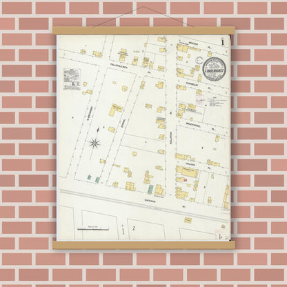 Old map wall art mockup — magnetic wood frame on brick wall — Sanborn Fire Insurance Map from Lindenhurst, Suffolk County, New York (1902), Sheet #0001