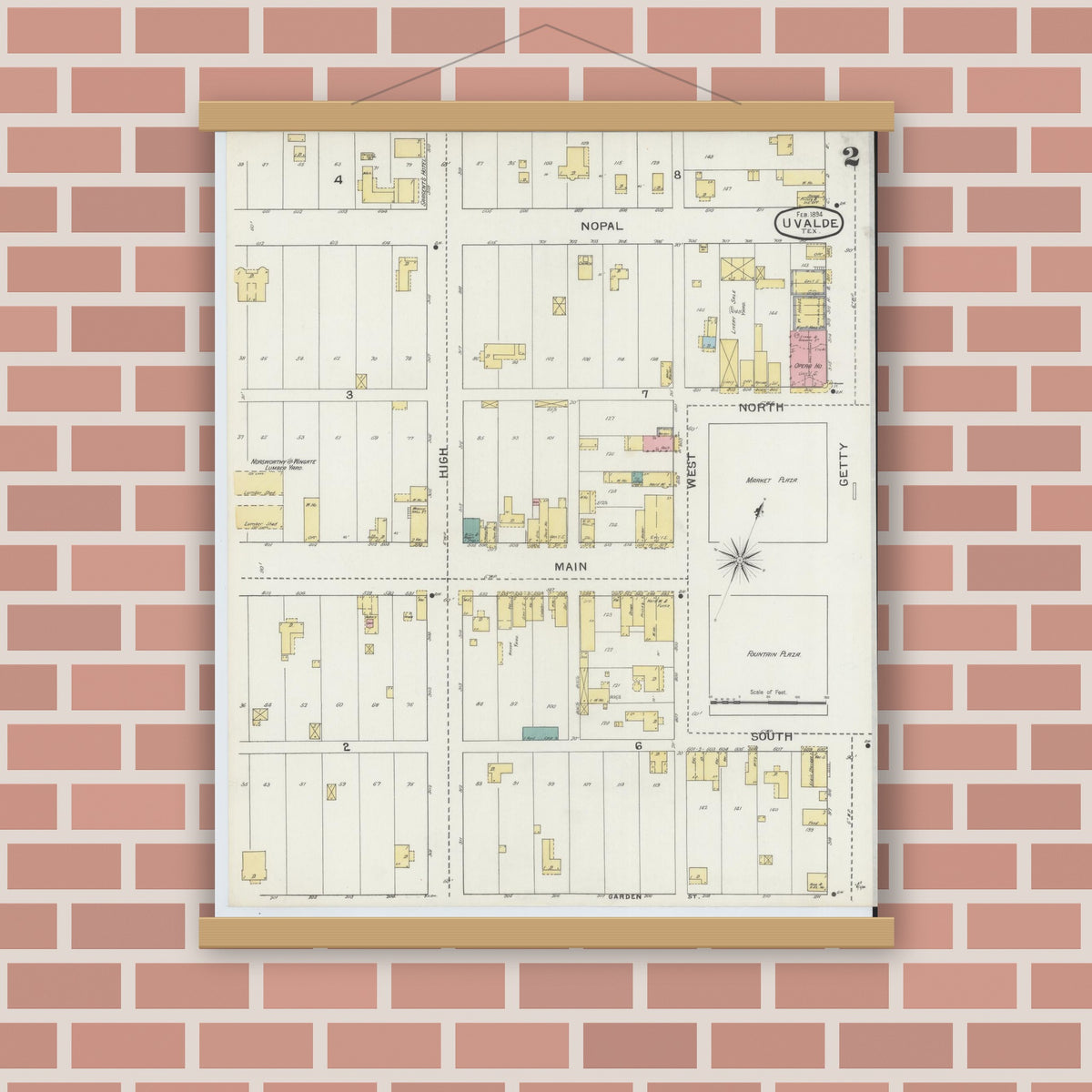 Old map wall art mockup — magnetic wood frame on brick wall — Sanborn Fire Insurance Map from Uvalde, Uvalde County, Texas (1894), Sheet #0002
