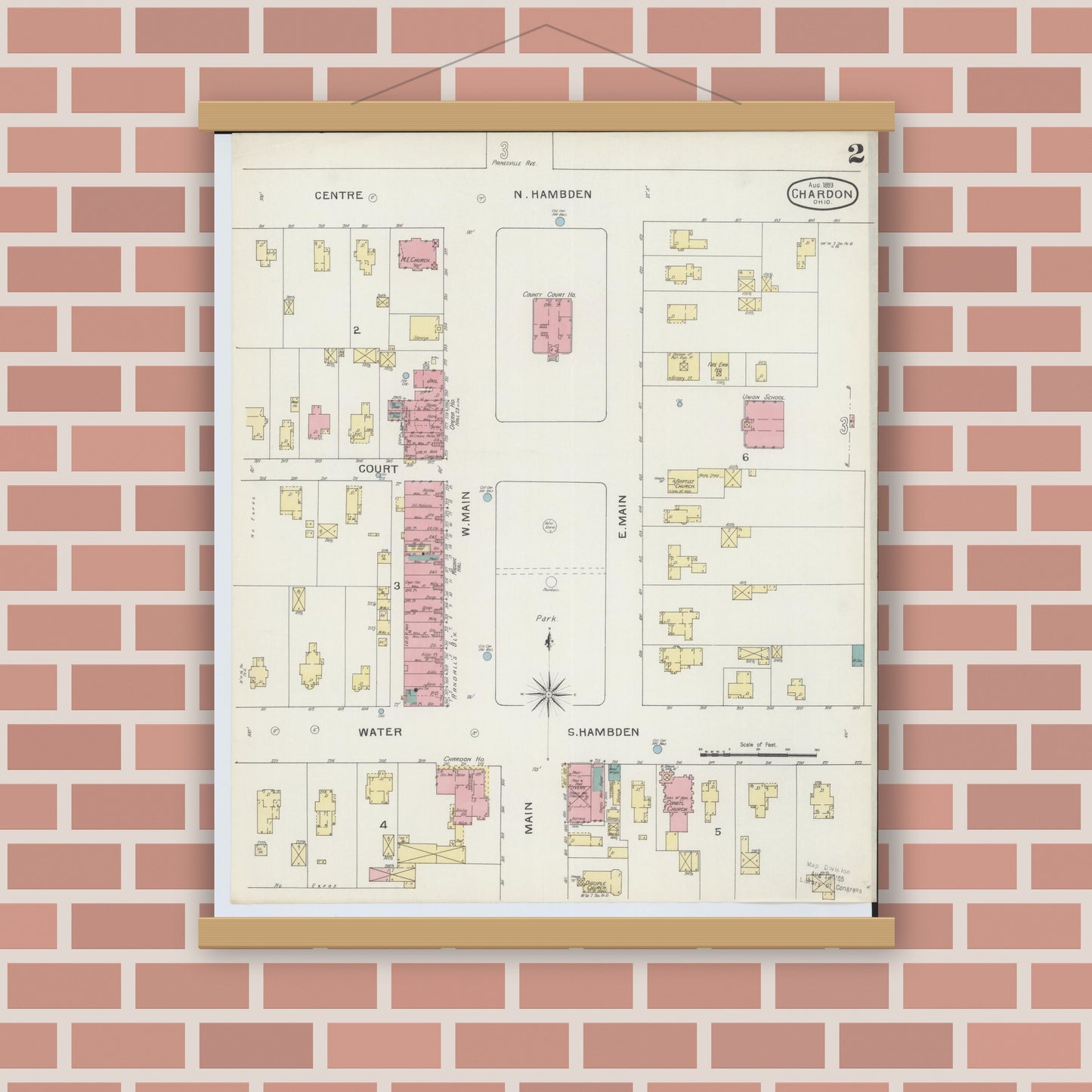 Old map wall art mockup — magnetic wood frame on brick wall — Sanborn Fire Insurance Map from Chardon, Geauga County, Ohio (1893), Sheet #0002