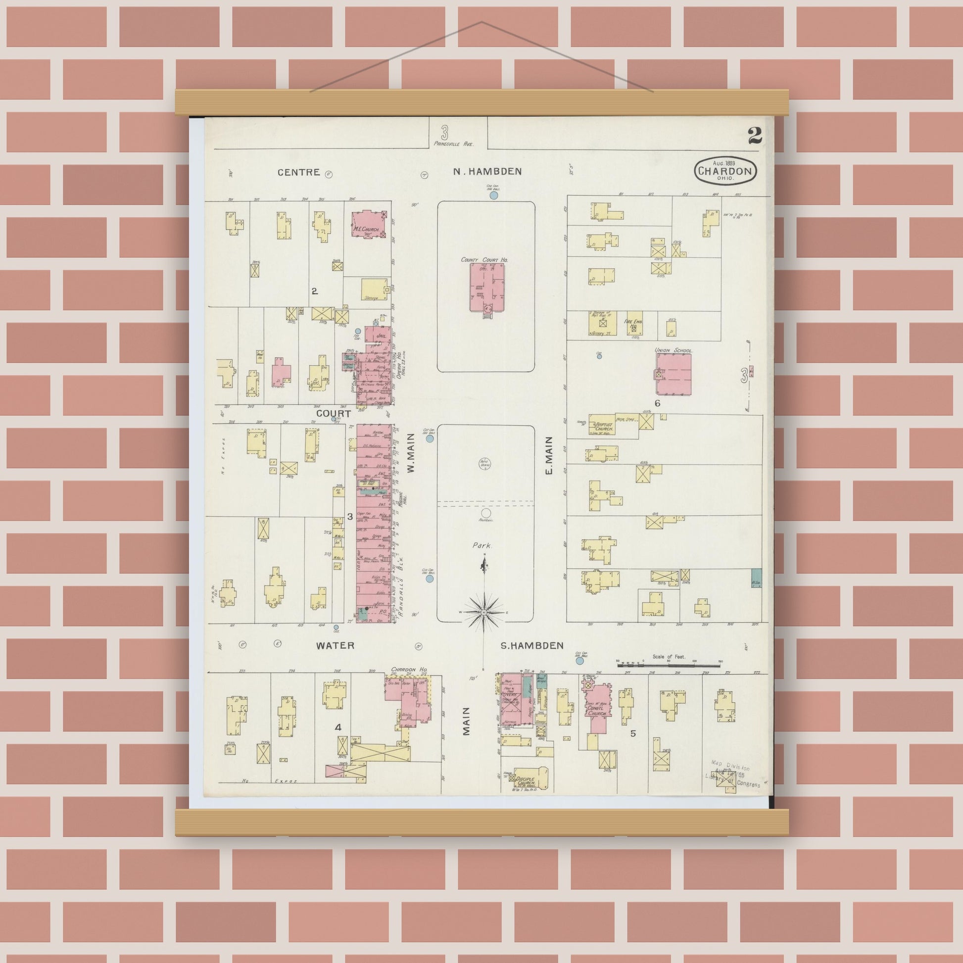 Old map wall art mockup — magnetic wood frame on brick wall — Sanborn Fire Insurance Map from Chardon, Geauga County, Ohio (1893), Sheet #0002