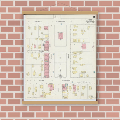 Old map wall art mockup — magnetic wood frame on brick wall — Sanborn Fire Insurance Map from Chardon, Geauga County, Ohio (1893), Sheet #0002