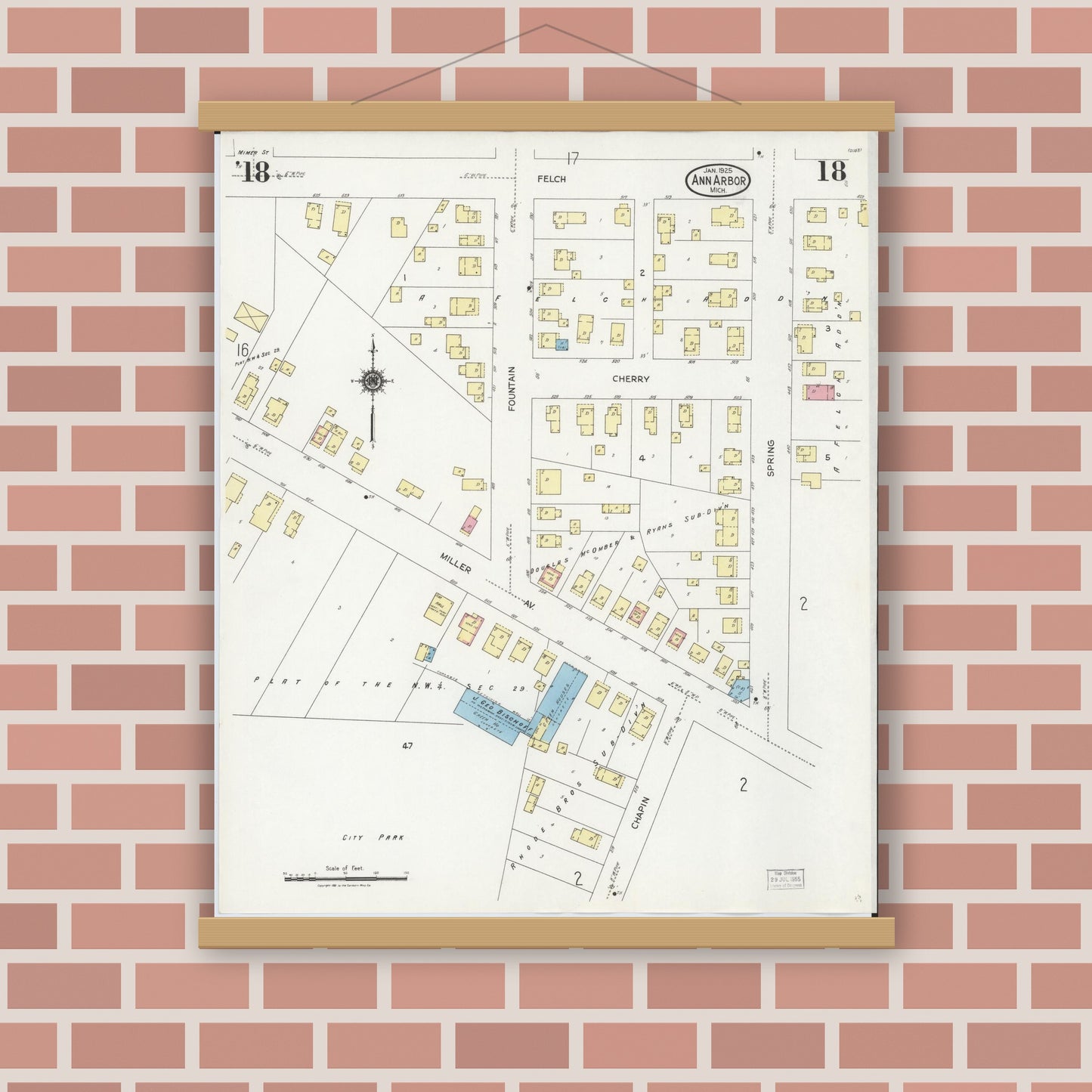 Old map wall art mockup — magnetic wood frame on brick wall — Sanborn Fire Insurance Map from Ann Arbor, Washtenaw County, Michigan (1925), Sheet #0018